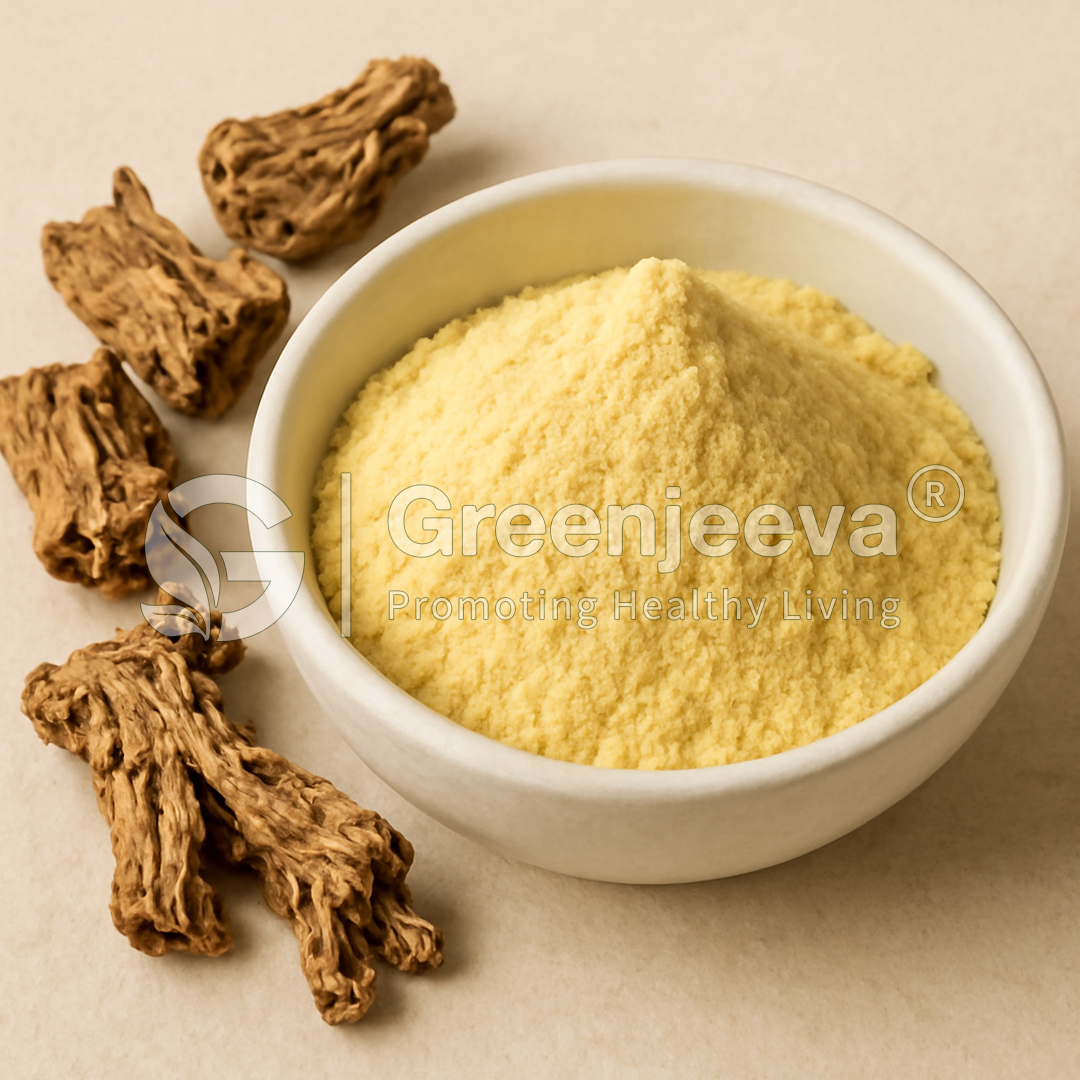 A bowl of Gentian Root Powder surrounded by pieces of herbal roots, highlighting natural ingredients for health benefits.