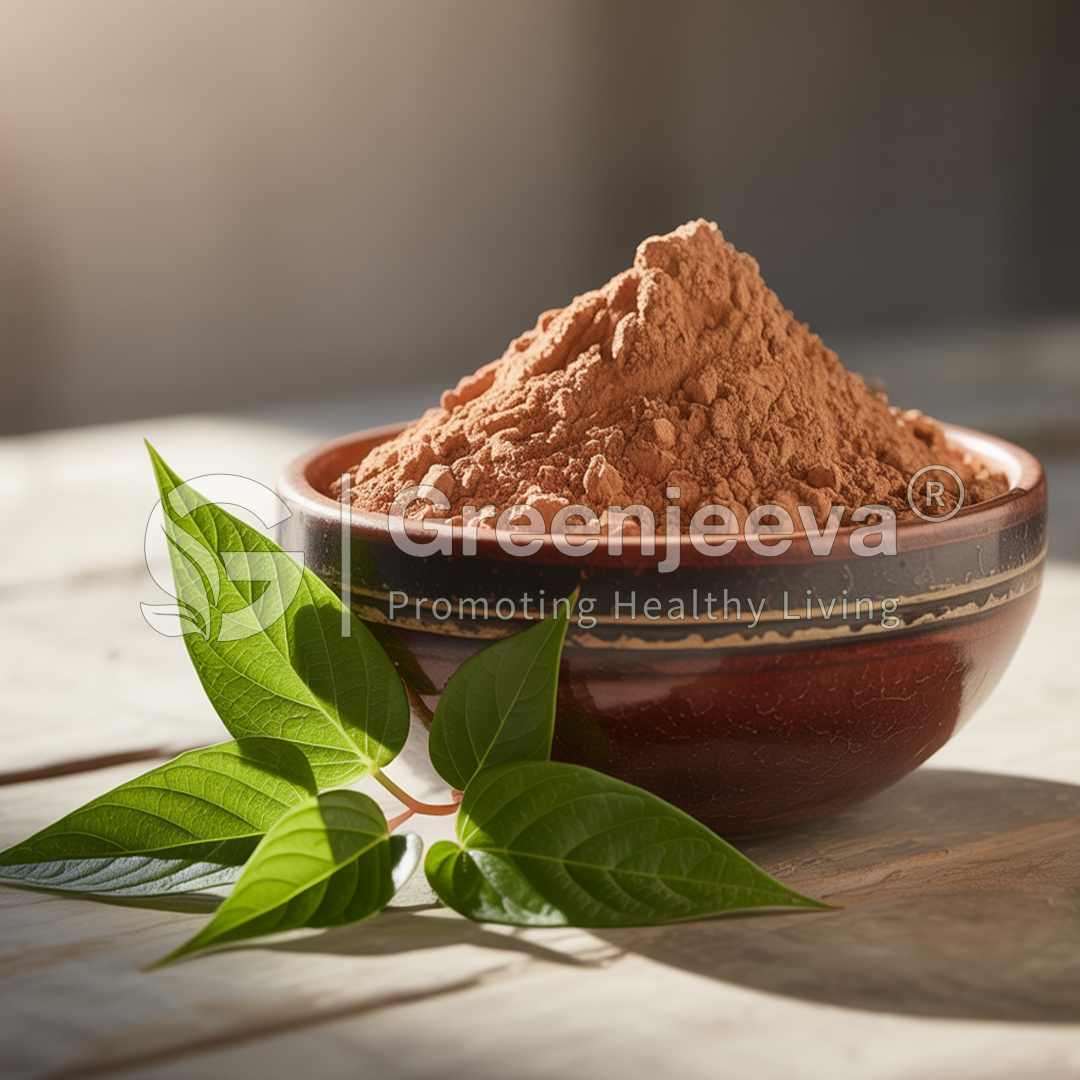 A bowl of Giant-Knotweed-Extract-Powder-98-Resveratrol powder sits on a wooden surface, accompanied by fresh green leaves, symbolizing health and wellness.