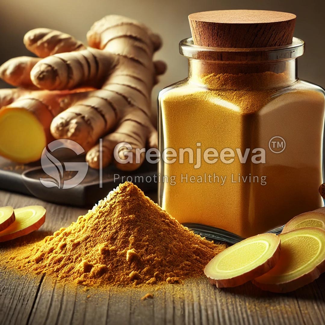 A glass jar of Ginger Extract Powder 5% Gingerol, HPLC sits beside fresh ginger roots and sliced ginger, showcasing earthy colors and healthy living themes.