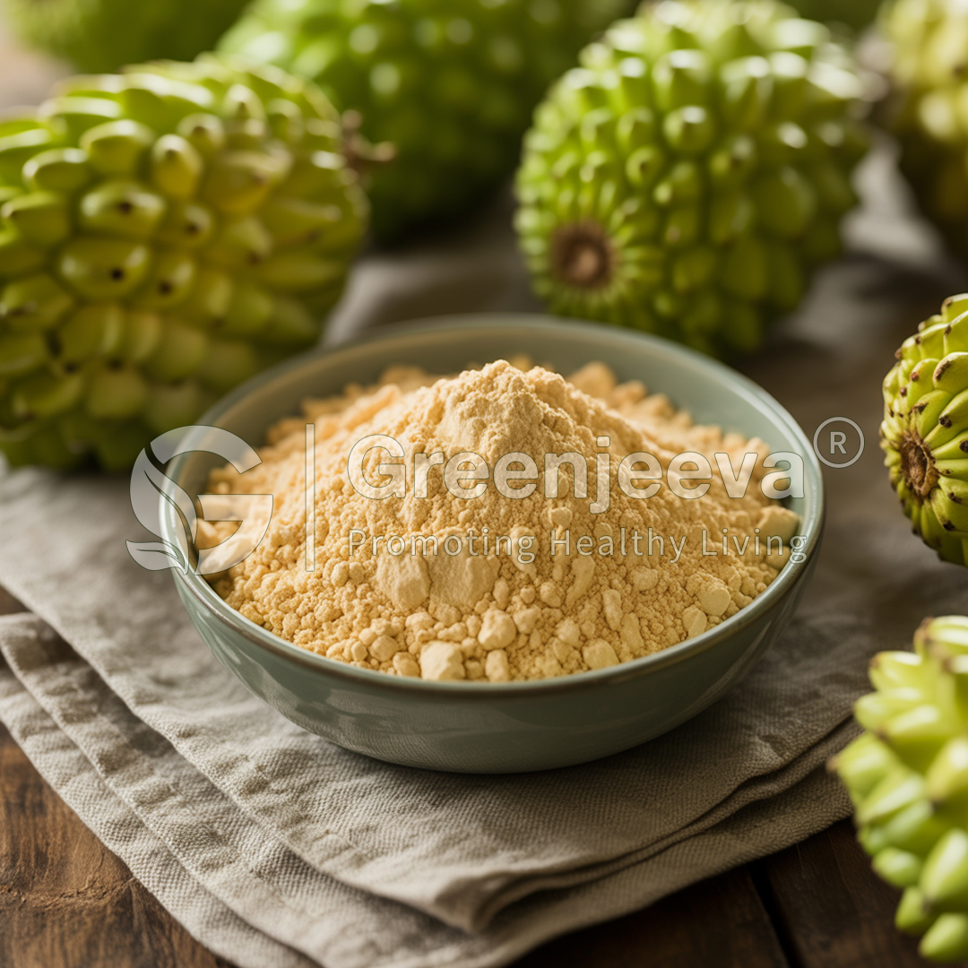 A bowl of yellow powder sits on a table, surrounded by green, spiked fruits, suggesting a focus on healthy living and natural ingredients.