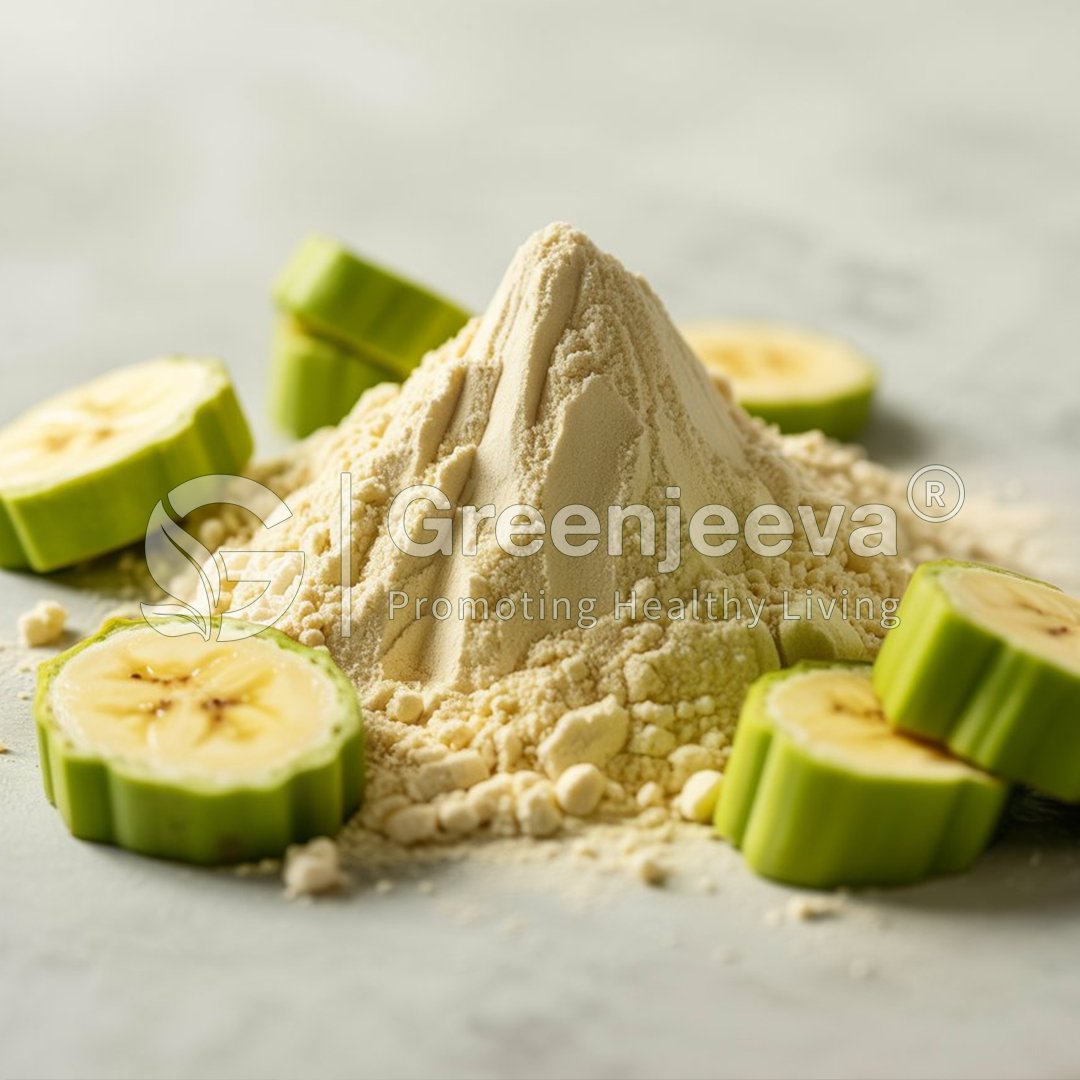A mound of flour-like powder surrounded by sliced green bananas, showcasing a healthy ingredient for smoothies or baking.