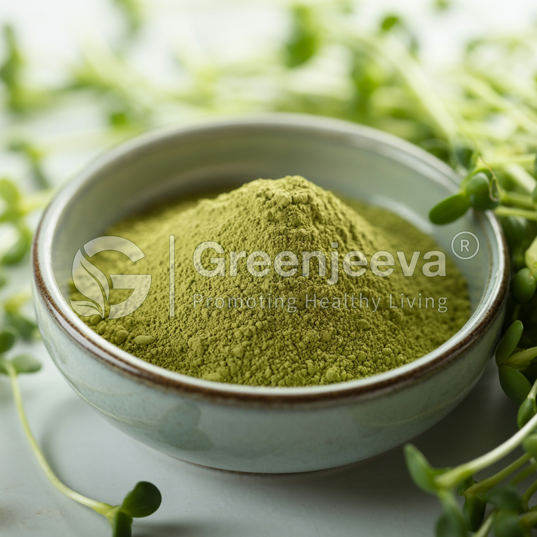 A bowl filled with Green Pea Sprout Seed powder surrounded by fresh sprouts, symbolizing health and natural living.