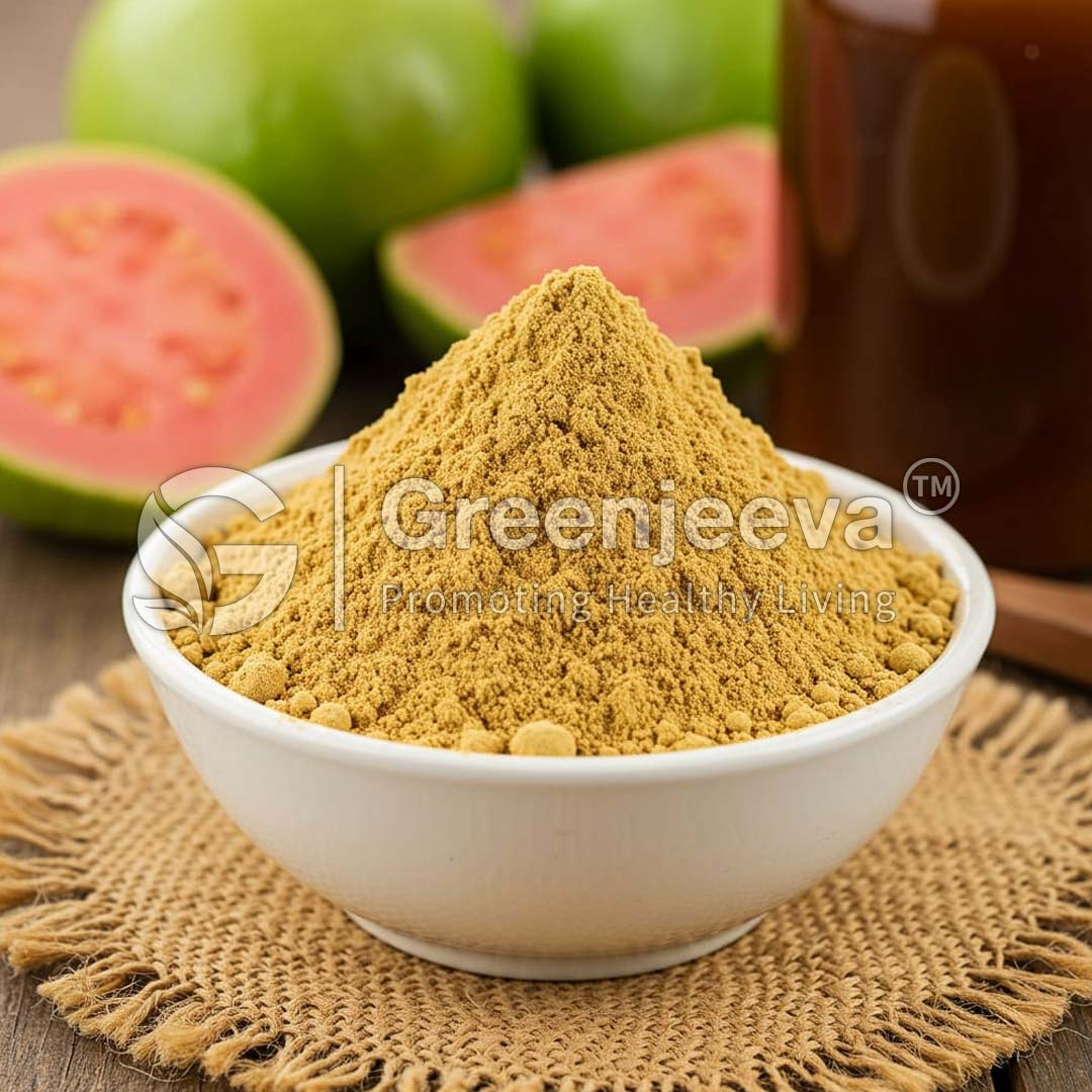 A bowl of golden Guava Extract Powder sits on a woven mat, surrounded by fresh guavas and a bottle, highlighting healthy living.