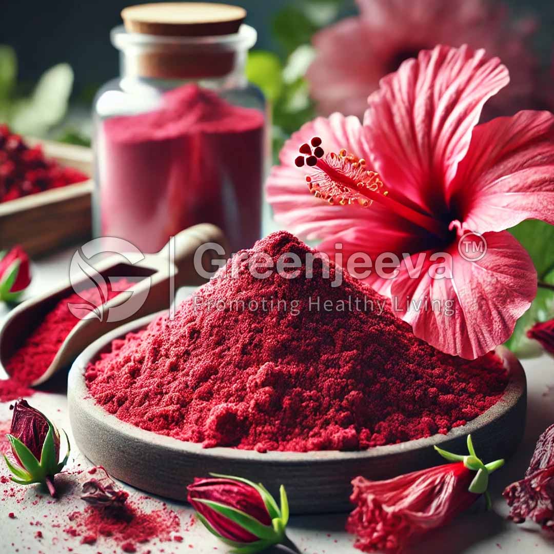 A vibrant pile of red hibiscus powder in a wooden bowl, surrounded by fresh hibiscus flowers and buds, accented by jars of spices.