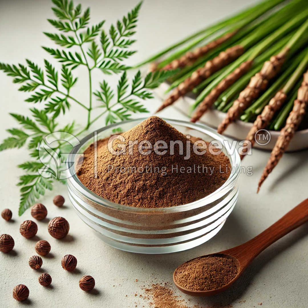 A bowl of Horsetail Extract Powder surrounded by fresh leaves and seeds, showcasing natural ingredients for healthy living.