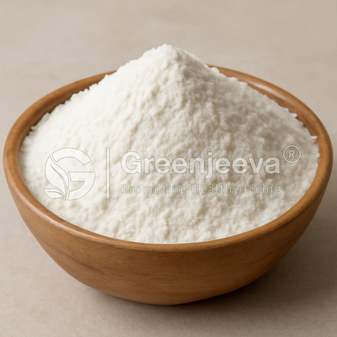 A wooden bowl filled with fine, Hydroxypropyl Methyl Cellulose Powder, emphasizing its texture and purity, branded with the Greenjeeva logo.