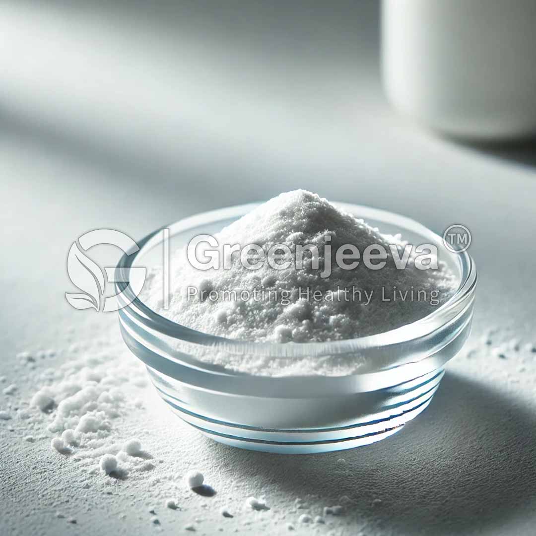 A small glass bowl filled with Inositol Powder, with a light spill around it, set against a softly lit background.