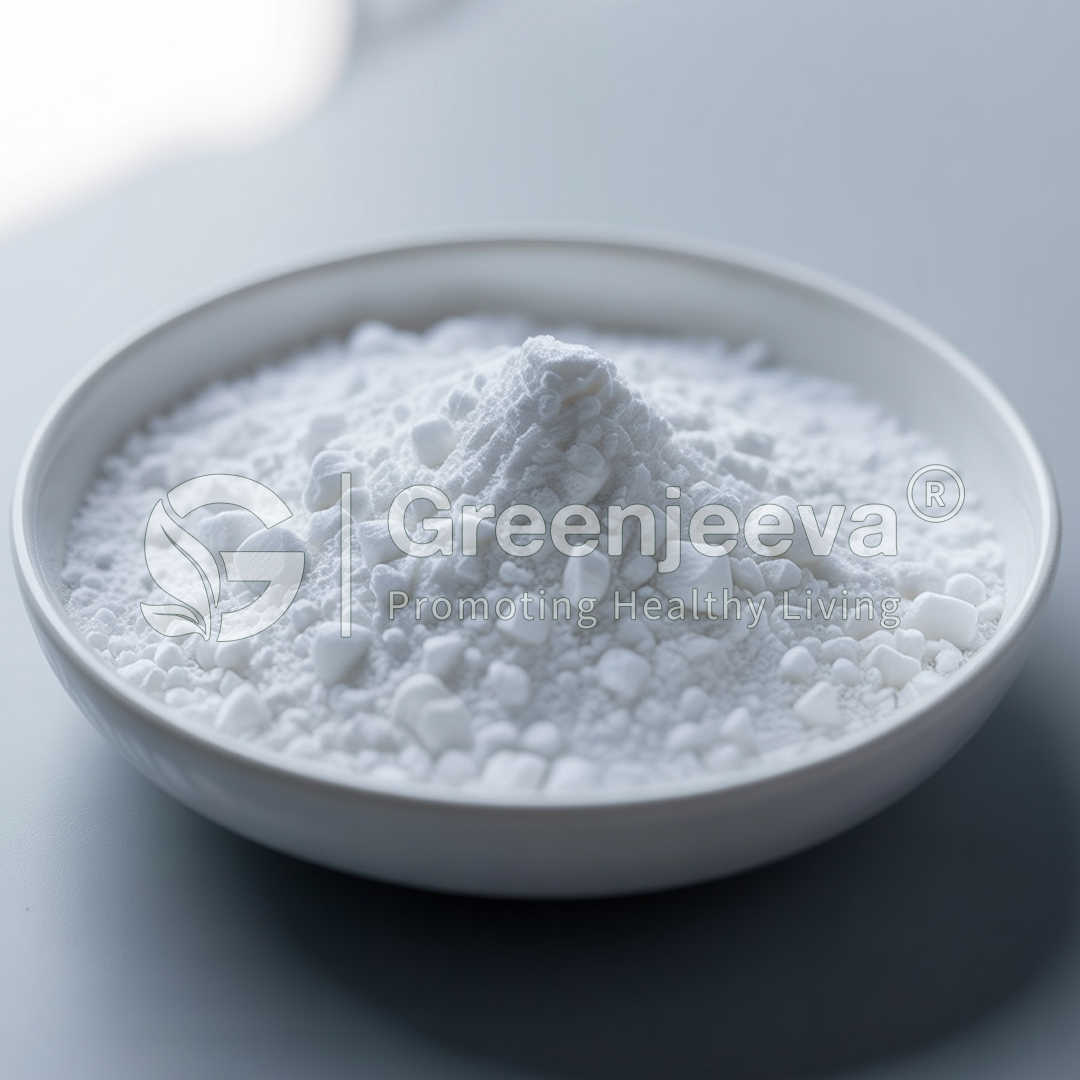A white powdery substance piled in a shallow bowl, surrounded by smaller granules. The bowl is set on a smooth surface.