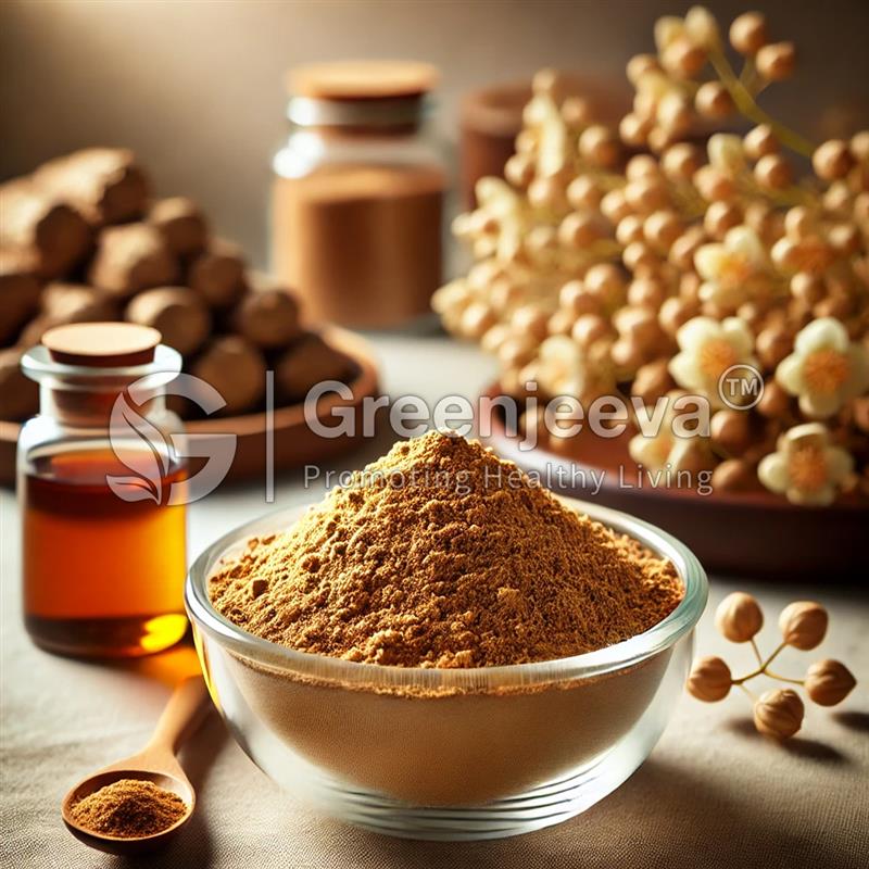 A bowl of aromatic Japanese Knotweed Powder with jars, nuts, and flower clusters arranged in a warm, inviting kitchen setting.