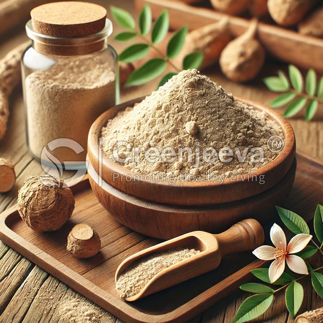 A wooden bowl filled with Kava Root Extract Powder, a scoop, and a jar, surrounded by fresh leaves and fragrant flowers.