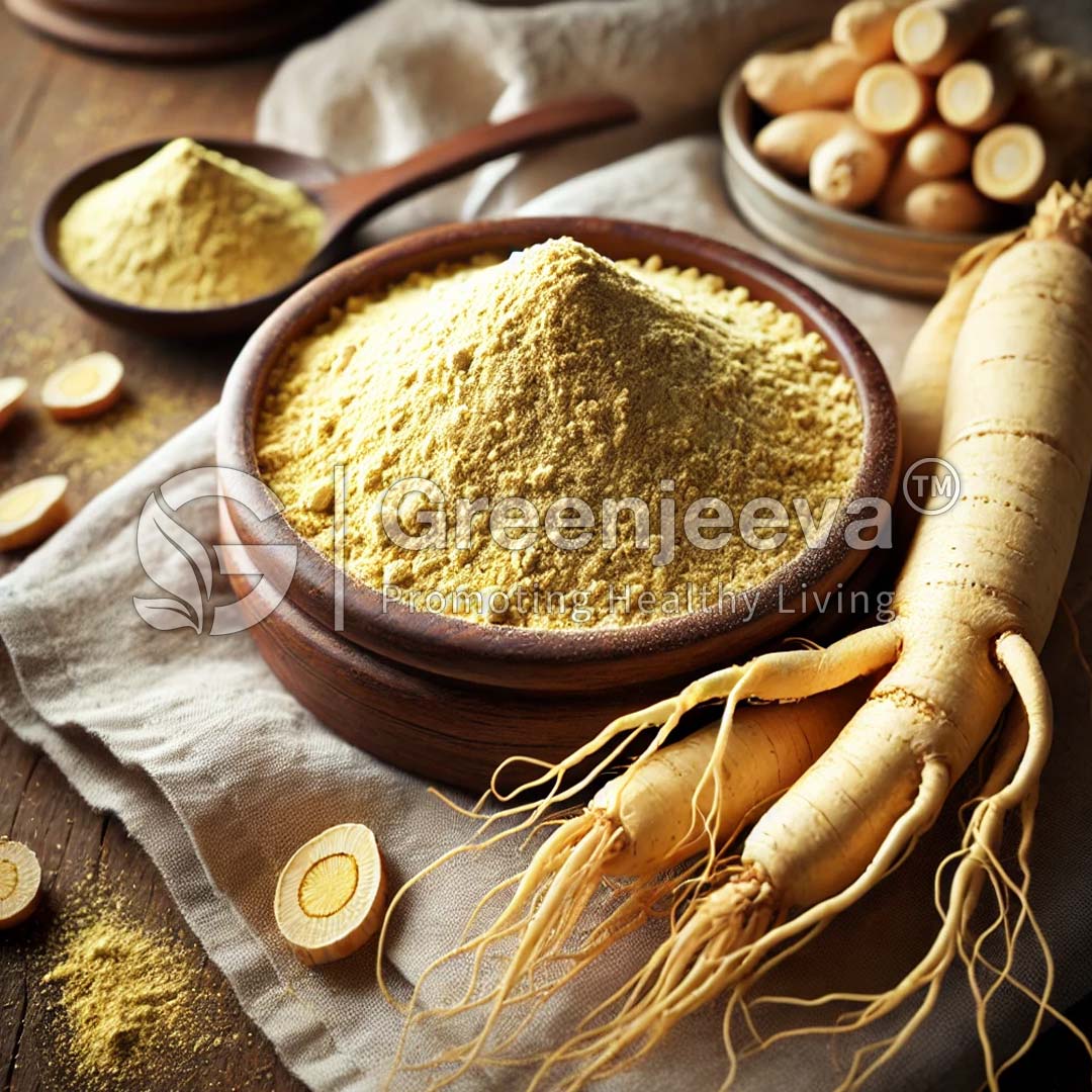 A wooden bowl filled with Korean ginseng Root Extract Powder beside whole ginseng roots and wooden spoons on a textured cloth background.
