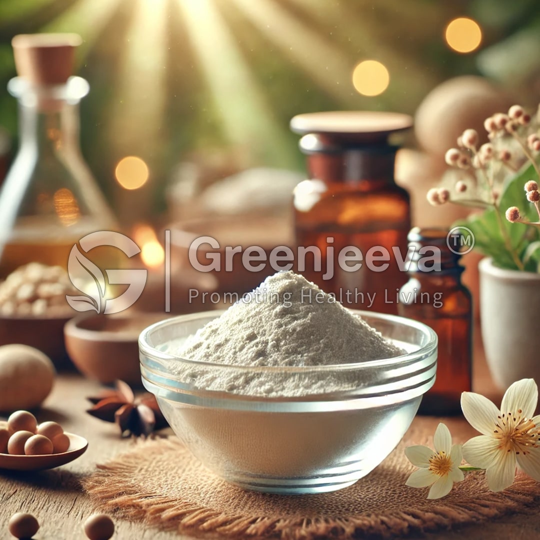 A bowl of fine L-Tryptophan Powder surrounded by herbs, spices, and essential oils, illuminated by soft sunlight, promoting healthy living.