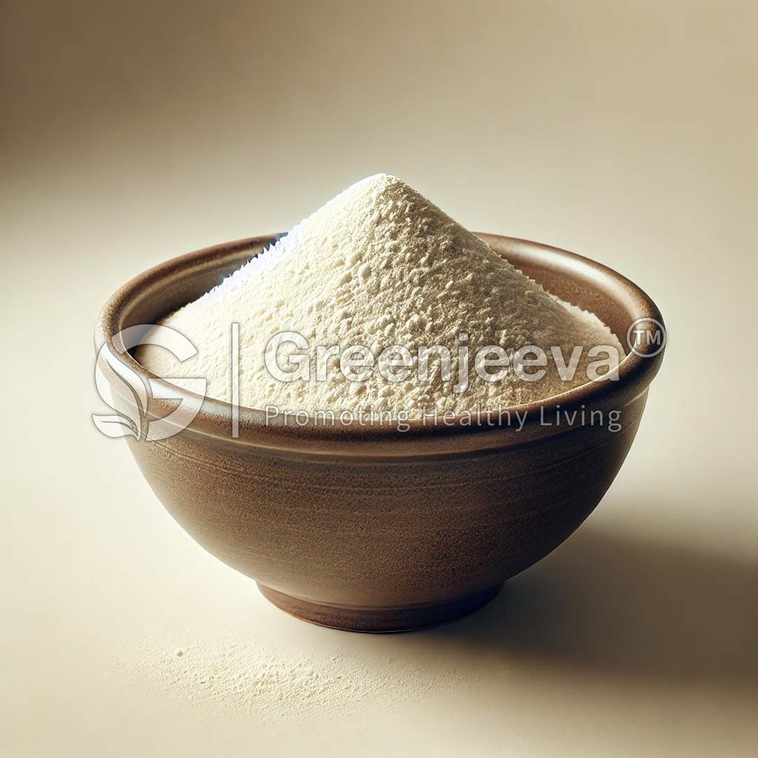 A wooden bowl filled with finely textured Lactase Powder 200 ALUg, symbolizing health and wellness, with a soft gradient background.