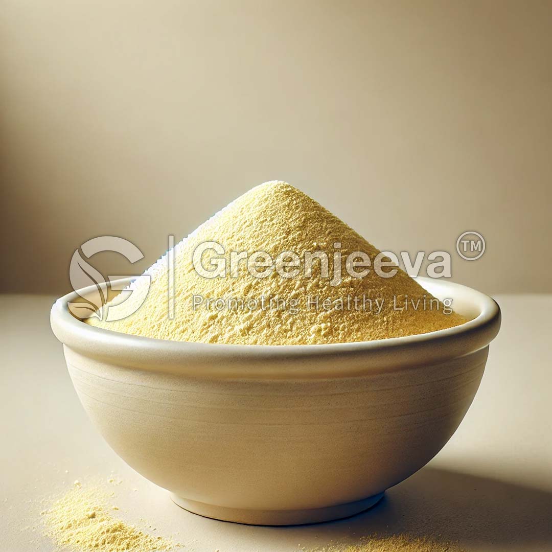 A bowl filled with a Lactobacillus paracasei powder 200 B CFU-G, illuminated by soft light, showcasing the product's fine texture and natural hue.