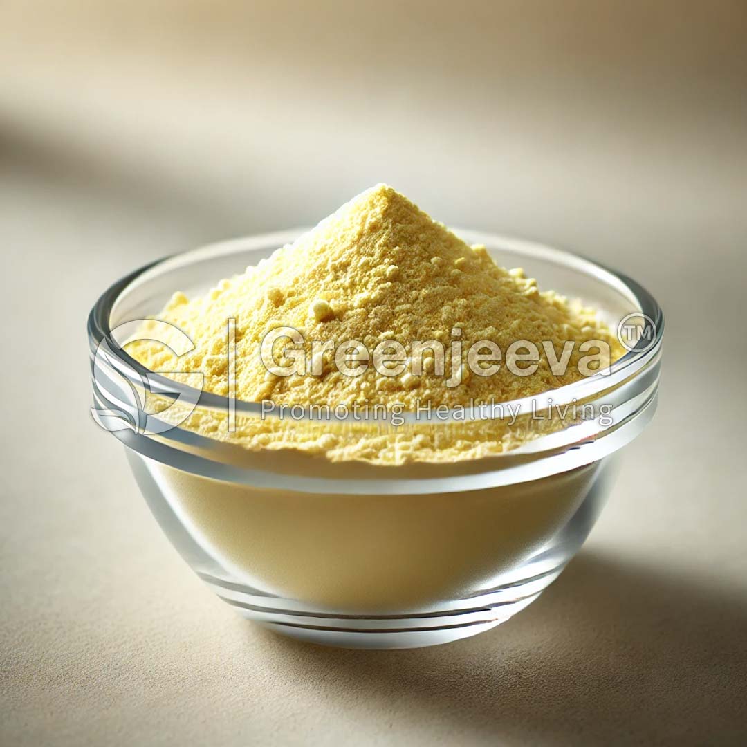 A clear glass bowl filled with a mound of Lactobacillus plantarum Powder 100 Billion CFU/g, placed on a neutral surface.