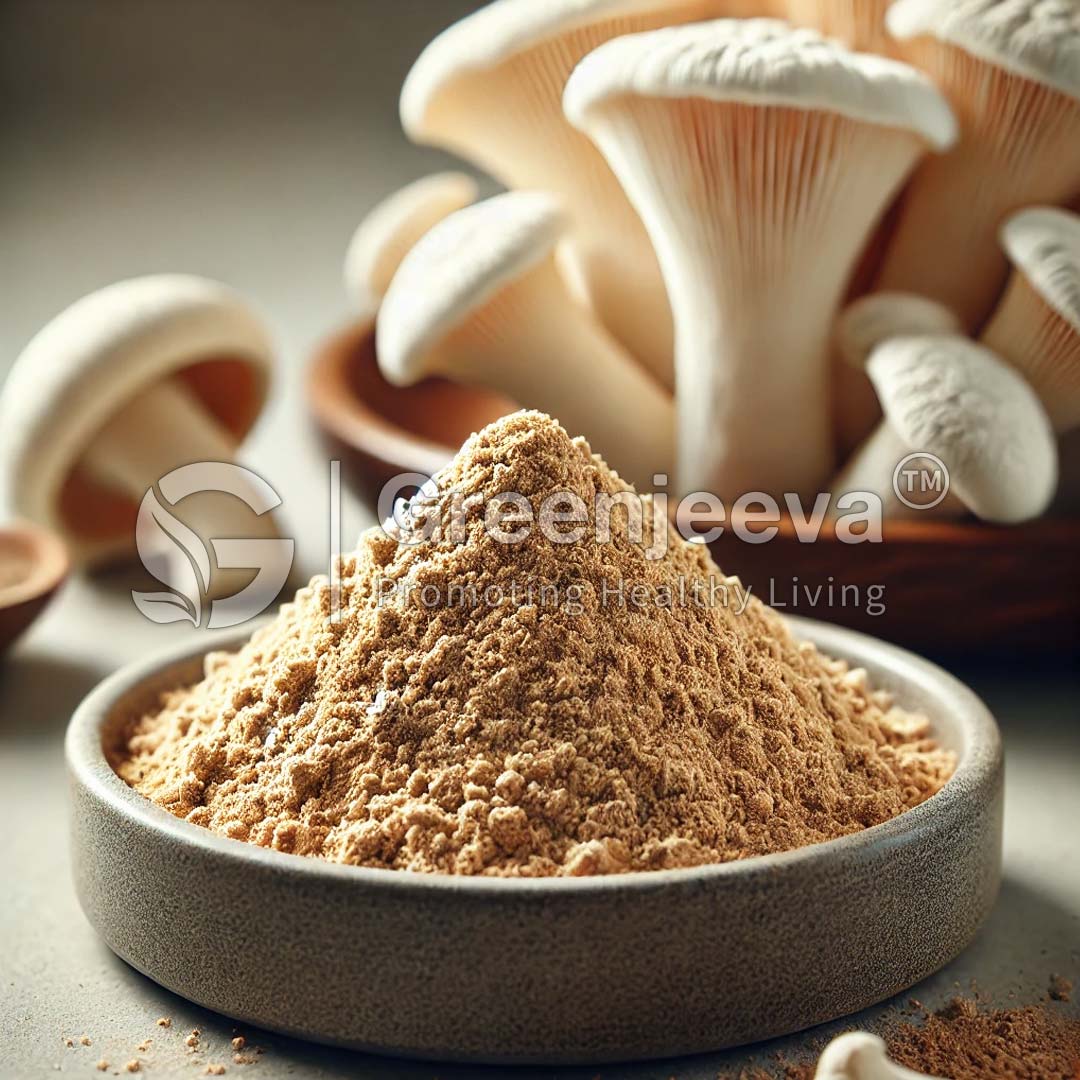 A bowl of Organic Lion’s Mane Extract Powder with a heap in the foreground and fresh mushrooms in the background.