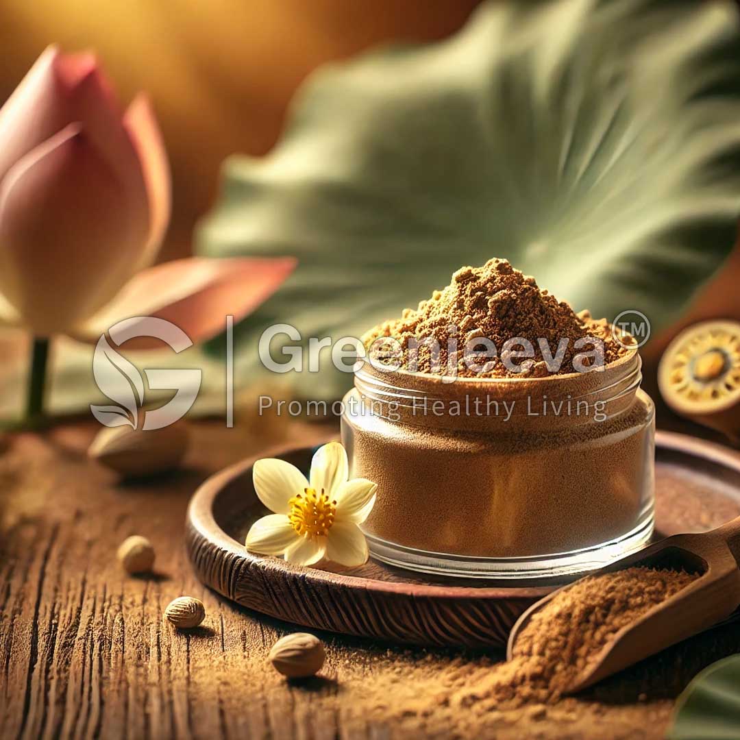 A jar of Lotus Leaf Extract Powder 10:1 is surrounded by a white flower, nuts, and lotus petals.