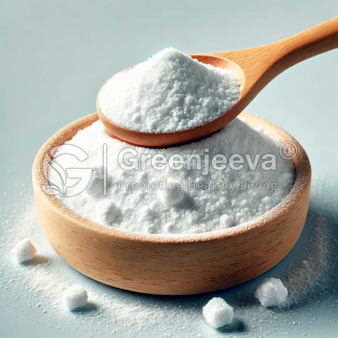 A wooden spoon holds fine methyl sulfonyl powder above a bowl filled with granulated MSM, scattering a few cubes on a light blue background.