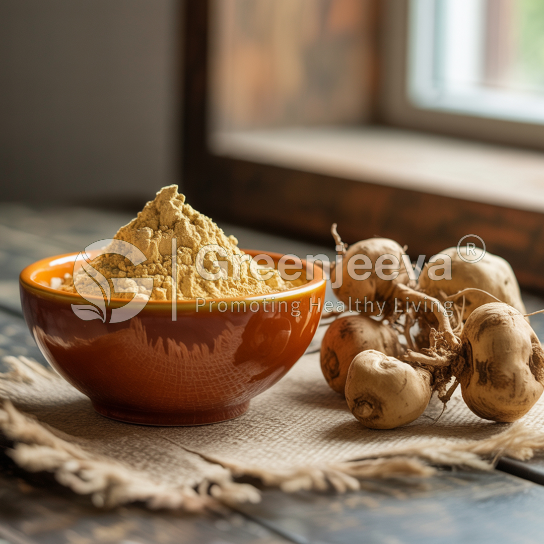 A bowl of Maca Root Extract powder sits on a rustic table, alongside fresh, earthy-looking tubers. Natural light highlights the scene.