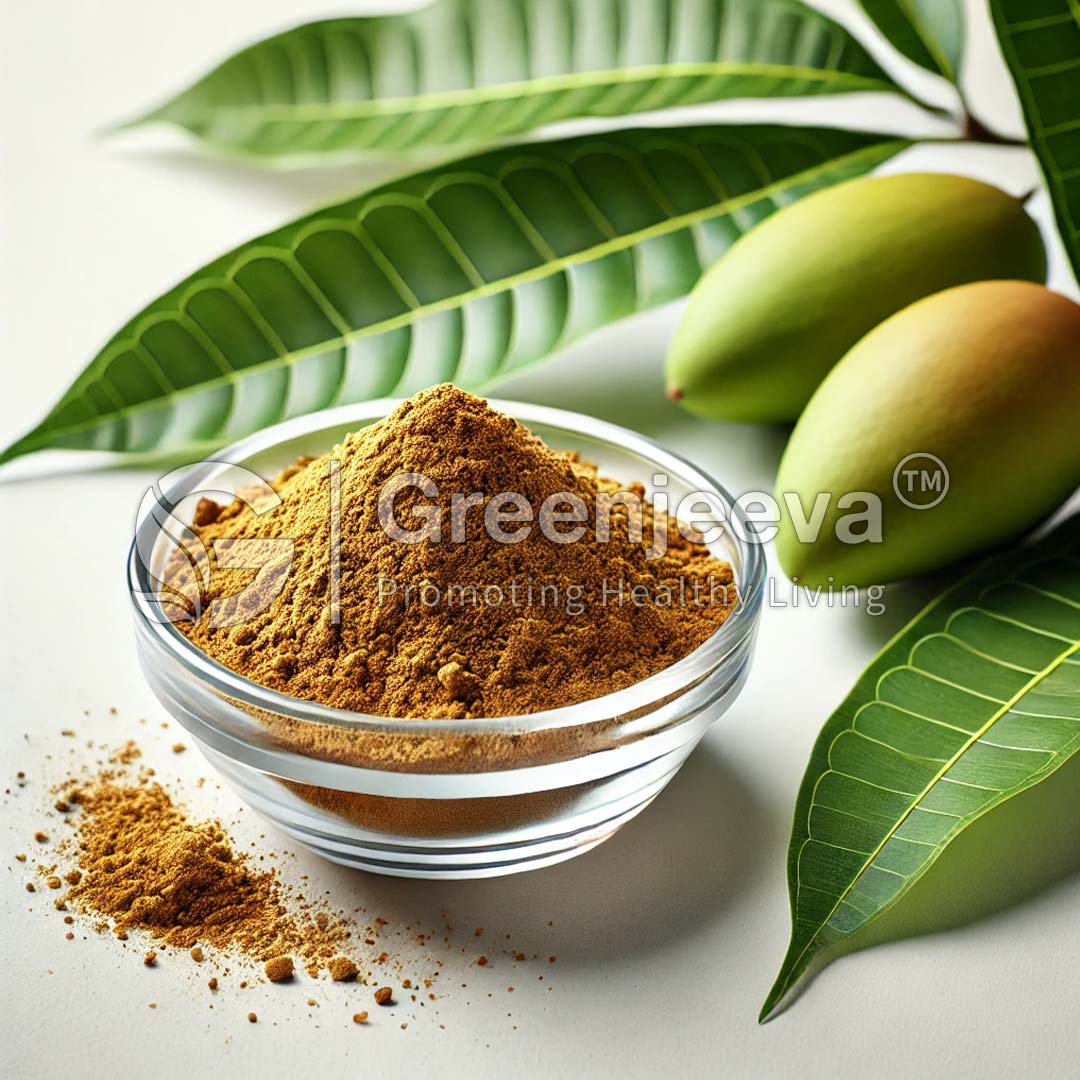 A bowl of Organic Mango Leaf Extract Powder sits beside green mangoes and leafy branches, suggesting health benefits and natural ingredients.