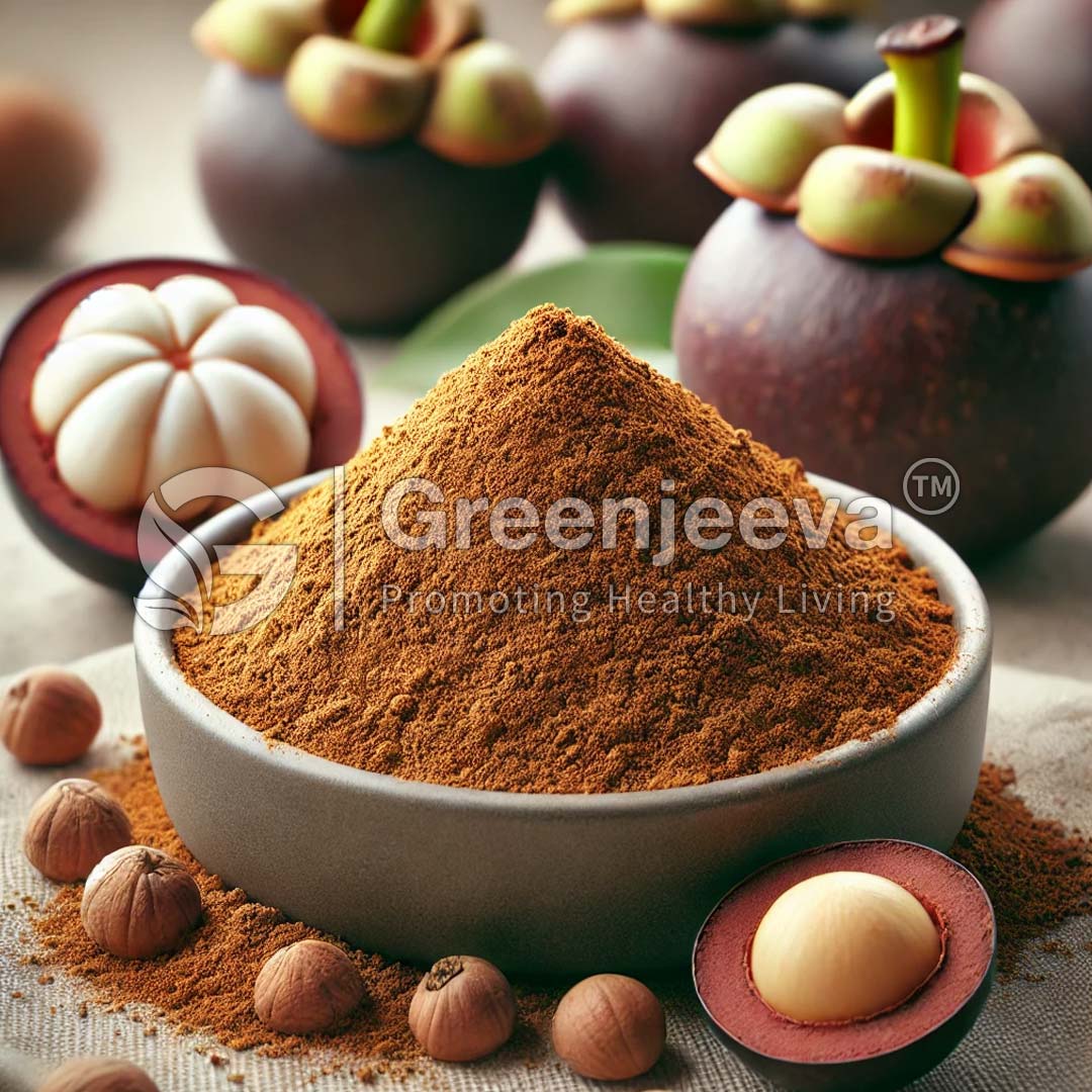 A bowl of Mangosteen-Extract-Powder-10-Alpha-Mangostin Powder surrounded by whole mangosteen fruit and nuts, highlighting natural ingredients for healthy living.