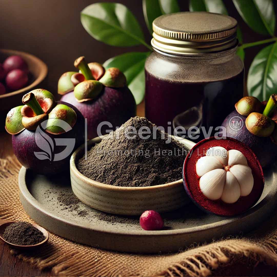 A Mangosteen Fruit Extract Powder and surrounded by whole and cut mangosteen fruits.