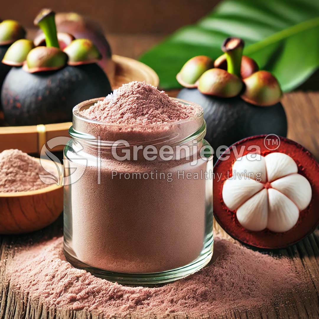 A glass jar filled with Mangosteen Powder, surrounded by whole and halved mangosteen fruits on a wooden surface.
