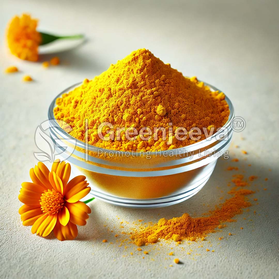 A clear bowl of Marigold Extract Powder Lutein 20% Zeaxanthin 1% , accompanied by a marigold flower, showcasing natural health and wellness.