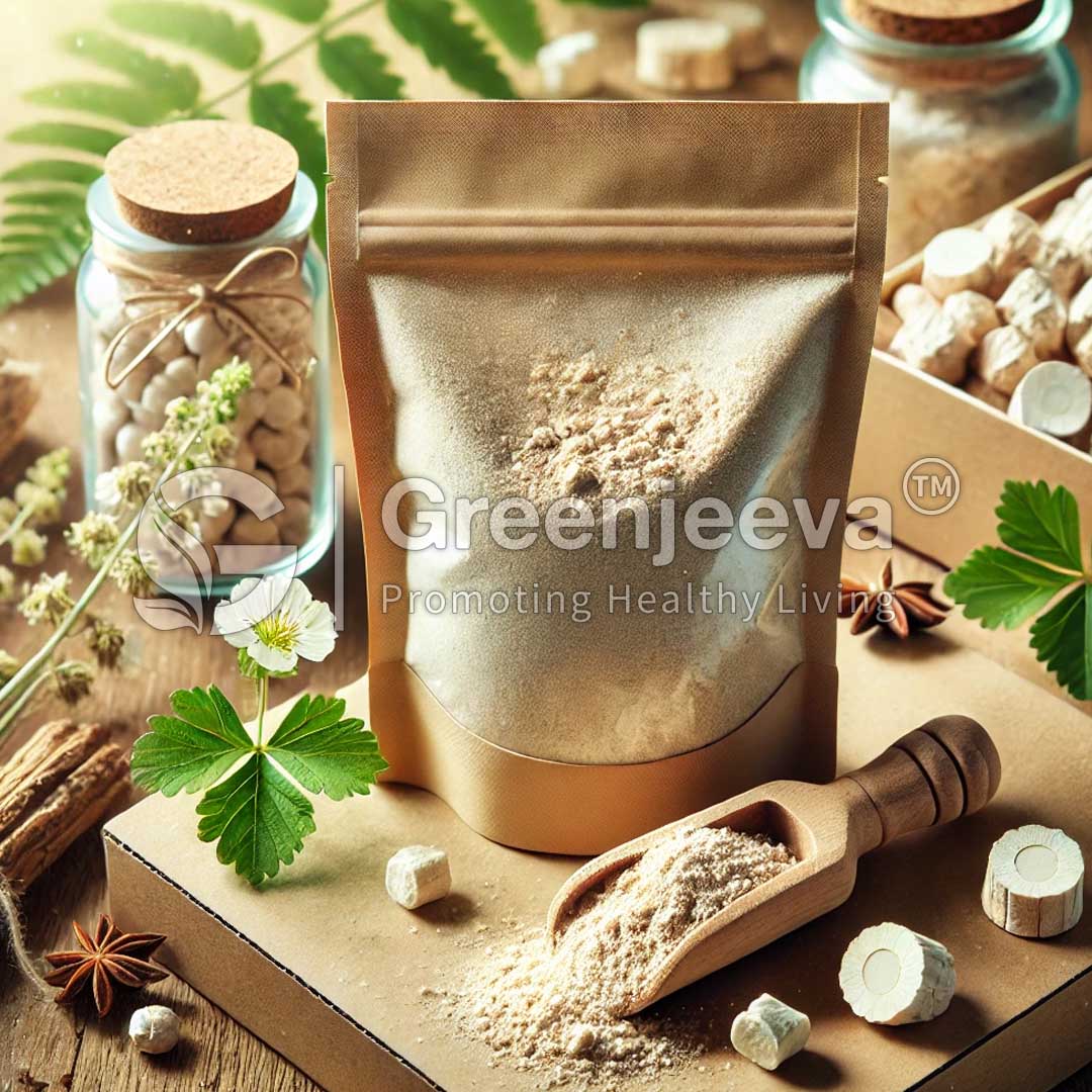 A golden pouch of Marshmallow Root Extract Powder sits among leaves, jars, and wooden scoop.