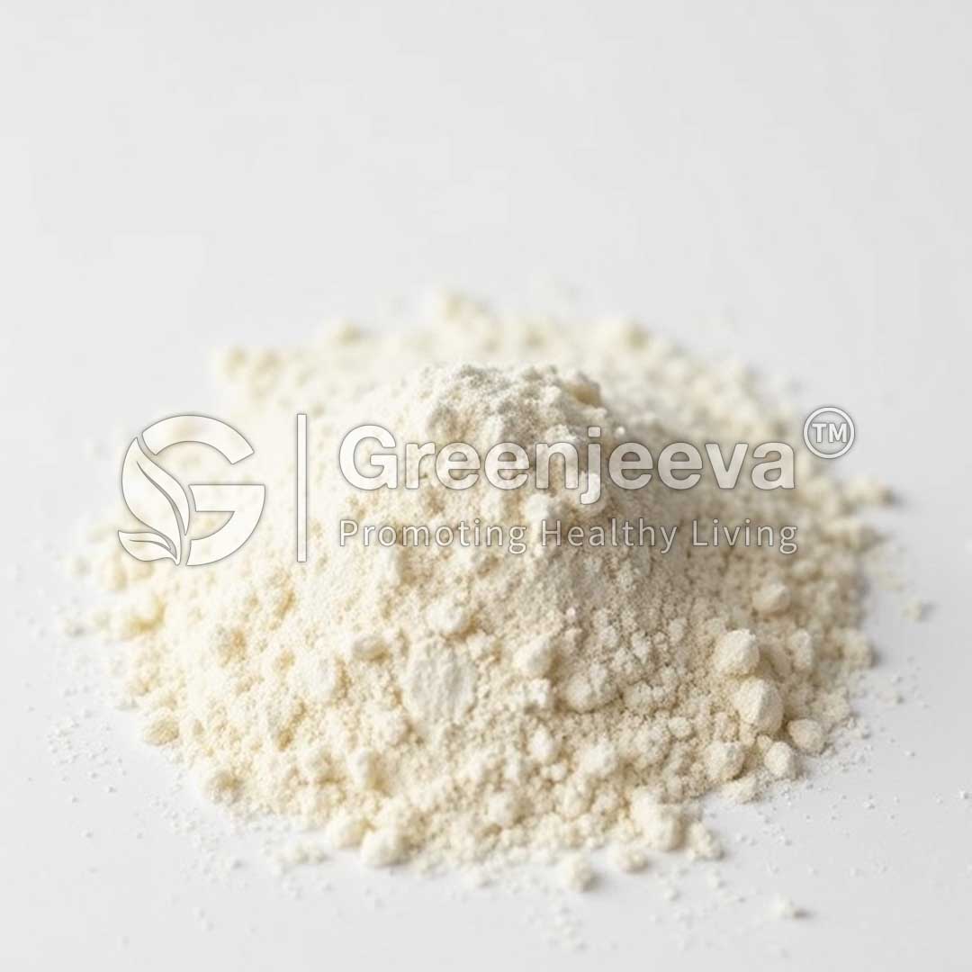 A small mound of Melatonin Powder 99 on a white background, branded with "Greenjeeva" promoting healthy living.
