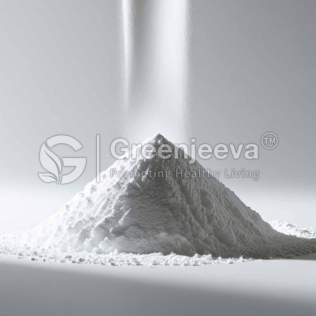 A white pile of fine Micro Crystalline Cellulose 101 Powder with grains cascading down from above, set against a soft, neutral background. Greenjeeva logo in the corner.