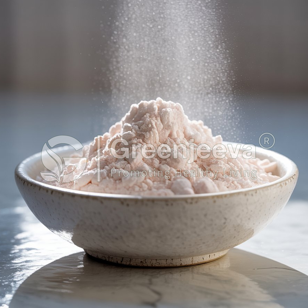 A bowl of pink powder with fine particles gracefully falling from above, illuminated by soft lighting, showcasing its texture.