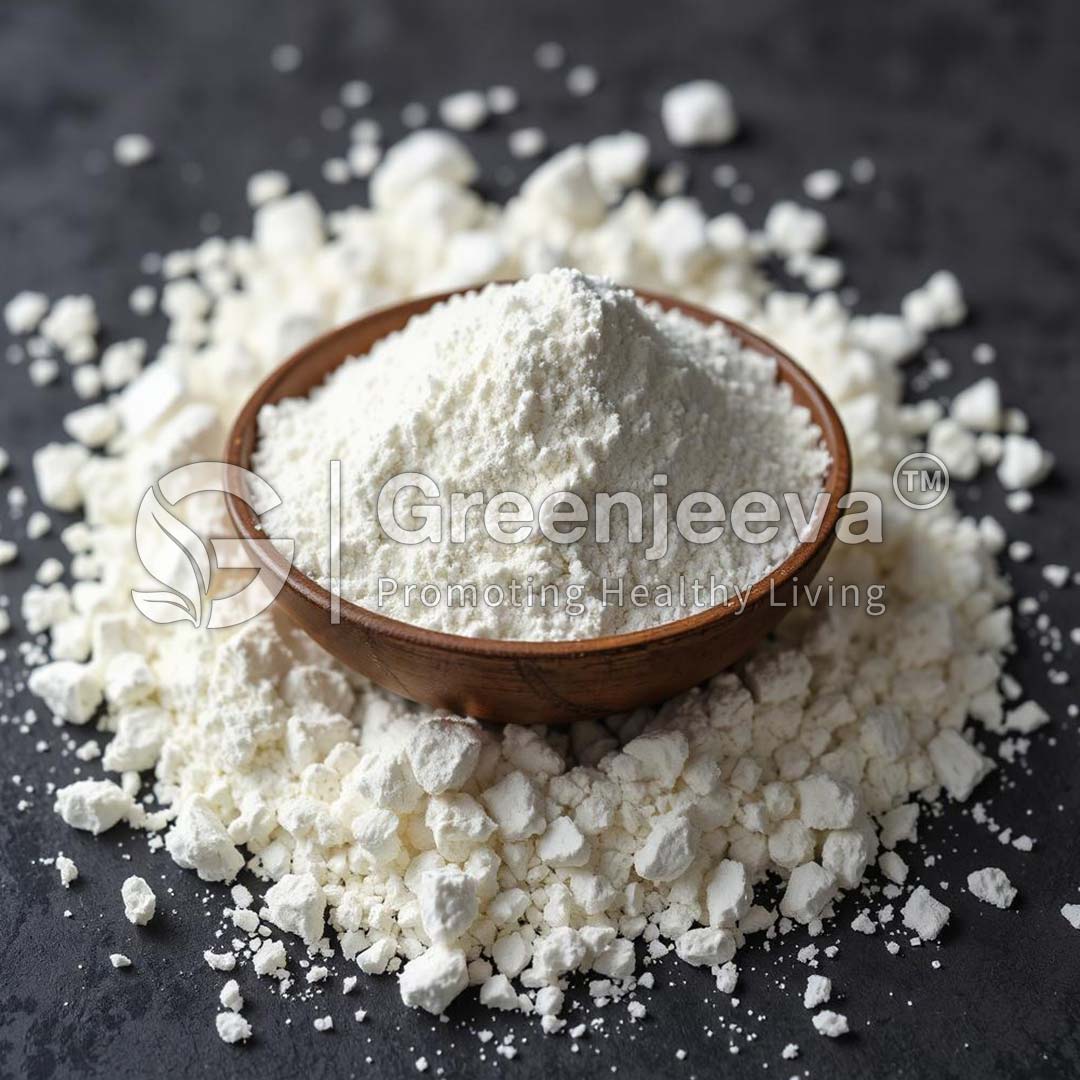 A wooden bowl filled with fine white flour surrounded by scattered flour on a dark surface.