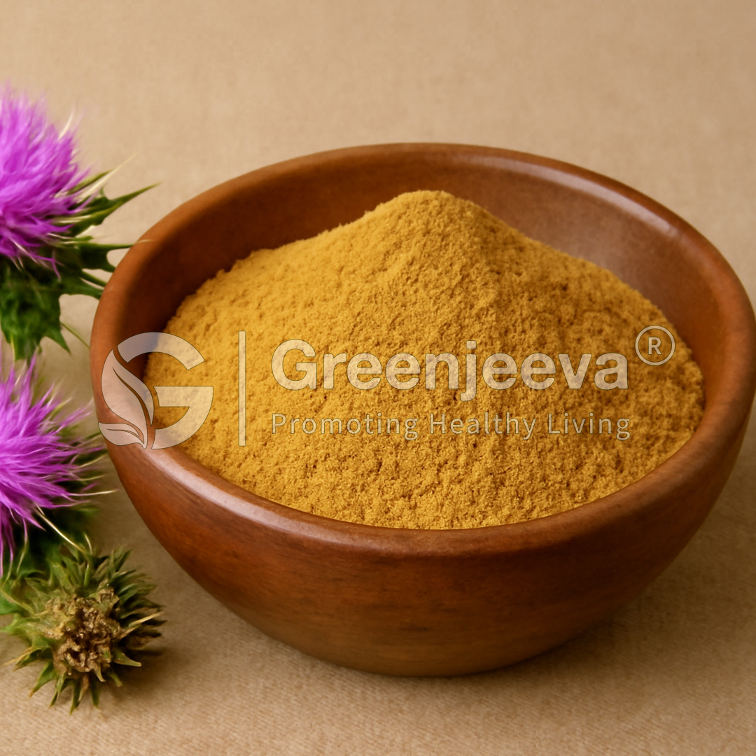 A wooden bowl filled with Milk Thistle Extract Granule powder, surrounded by vibrant thistle flowers, highlighting natural health products.
