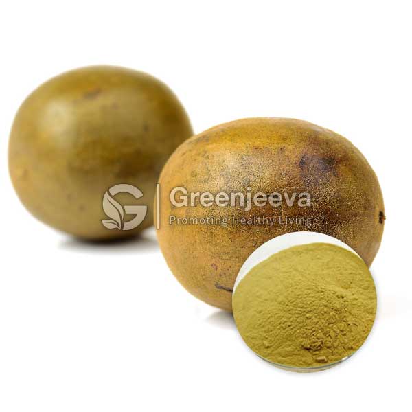 Monk Fruit Extract Powder 25% Mogroside V s with a close-up of yellow sapodilla powder against a white background. Nutrient-rich and healthy.