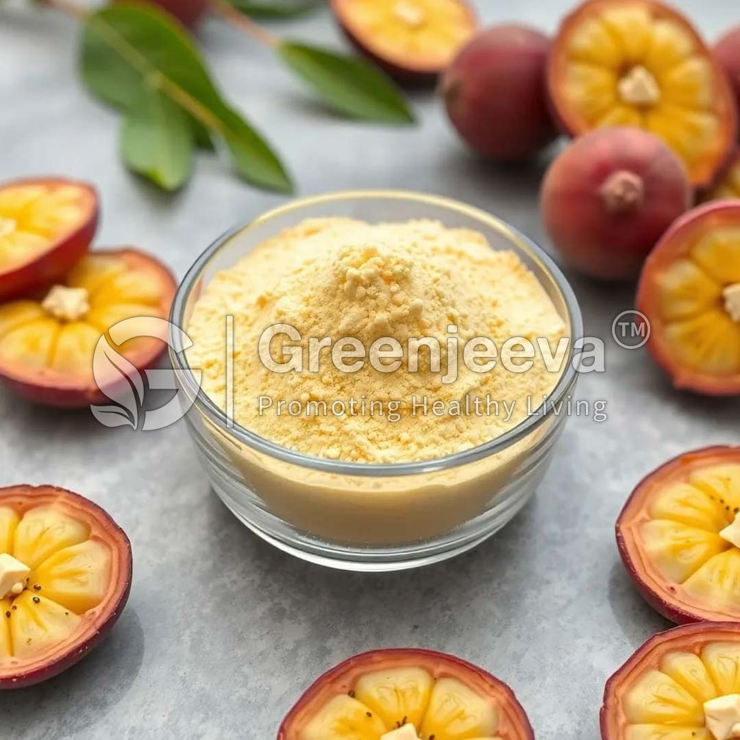 A bowl of Monk Fruit Extract Powder surrounded by halved red tropical fruit on a gray surface, highlighting natural health ingredients.