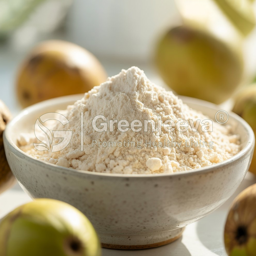 A bowl filled with Monk Fruit Extract powder sits surrounded by fresh fruit, highlighting a natural health product.