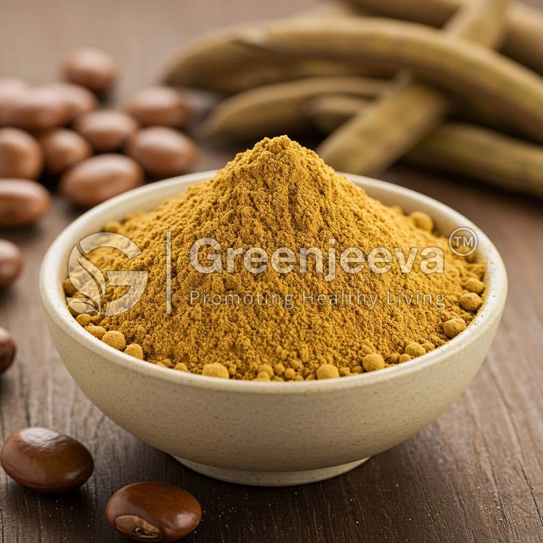 A bowl of Mucuna Extract Powder surrounded by beans and tamarind pods on a rustic wooden surface.