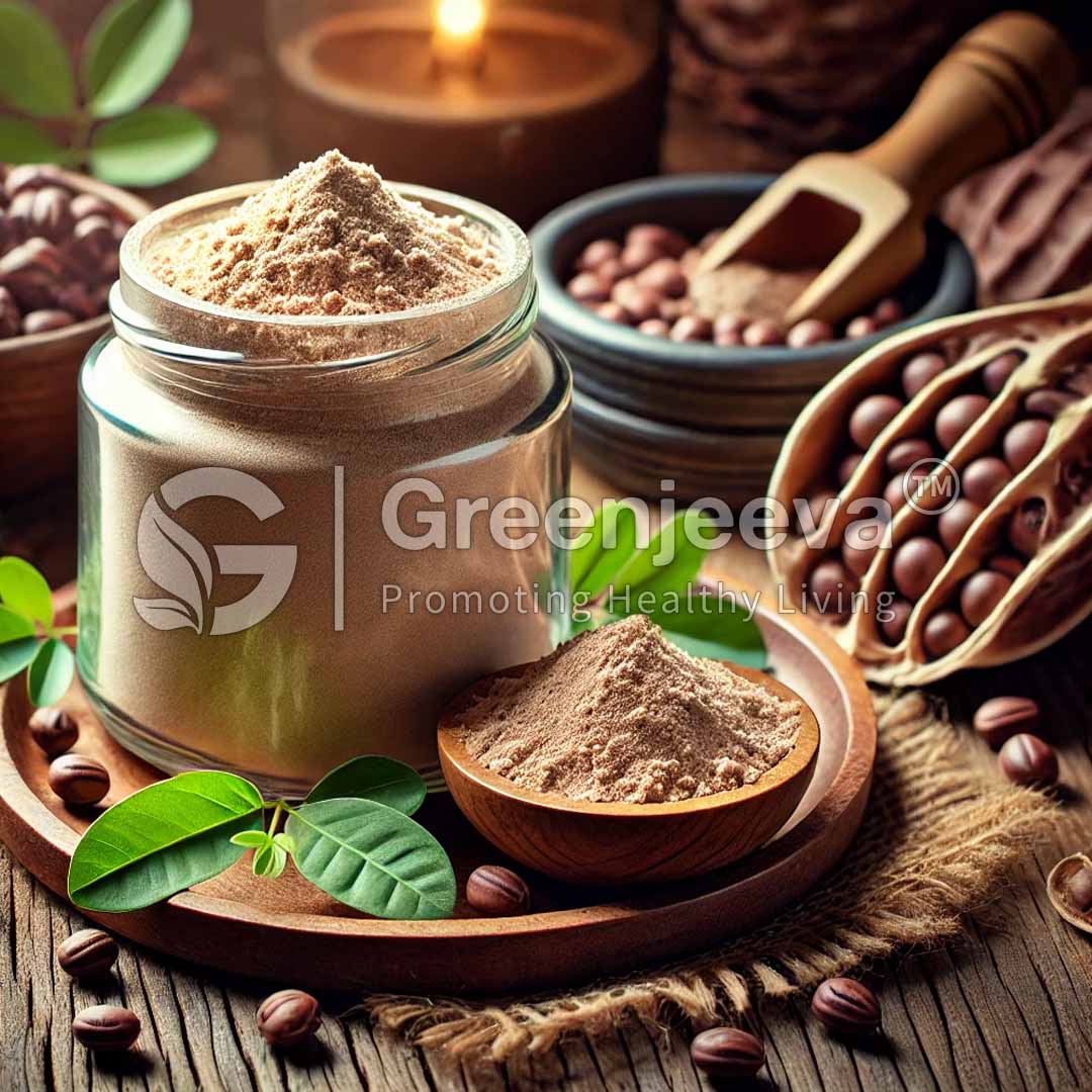 A jar of Mucuna Pruriens Seed Powder sits on a wooden platter, surrounded by cocoa beans, leaves, and a scoop, evoking a natural, healthy vibe.