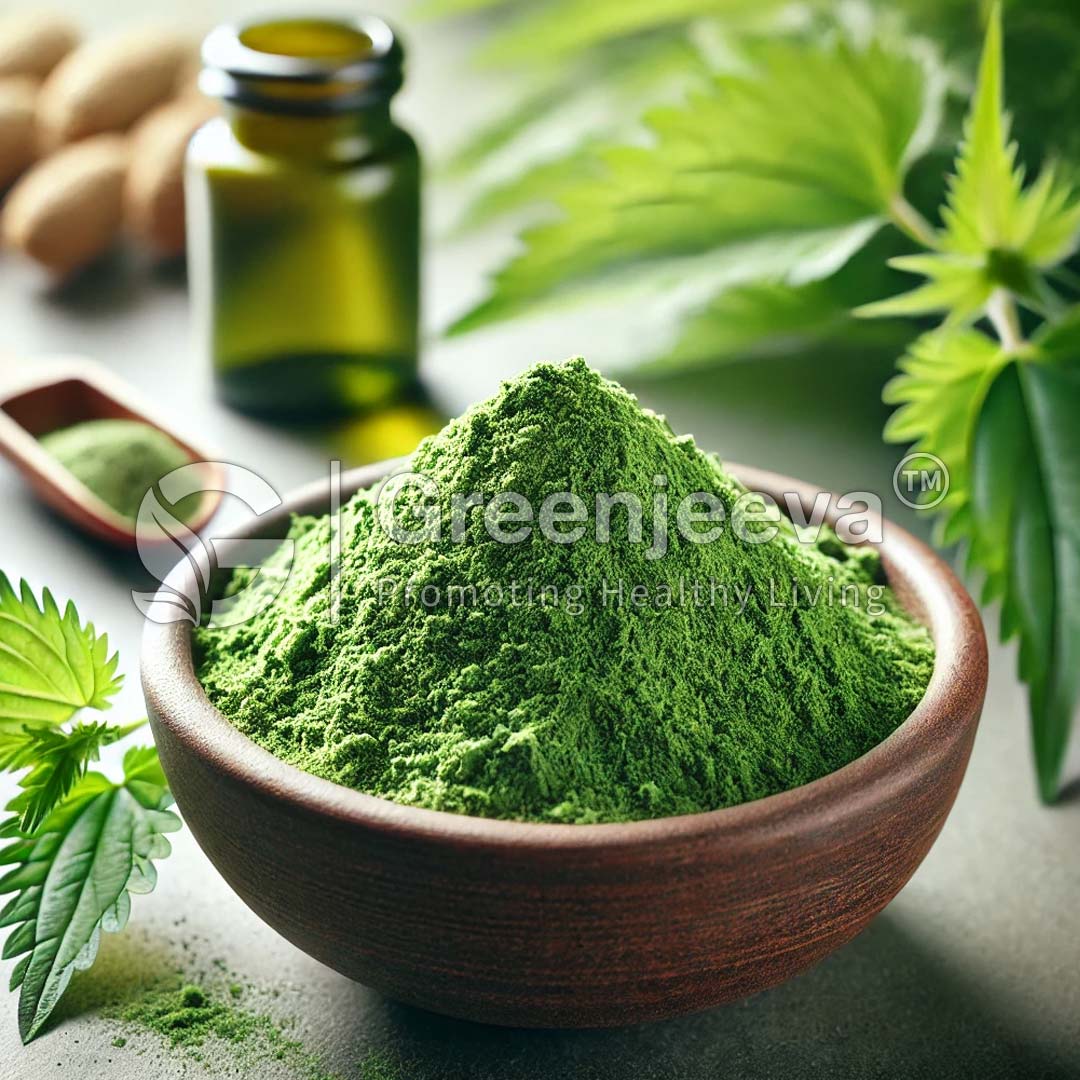 A bowl of vibrant green powder, surrounded by herbs and an oil bottle, representing natural health and wellness products.
