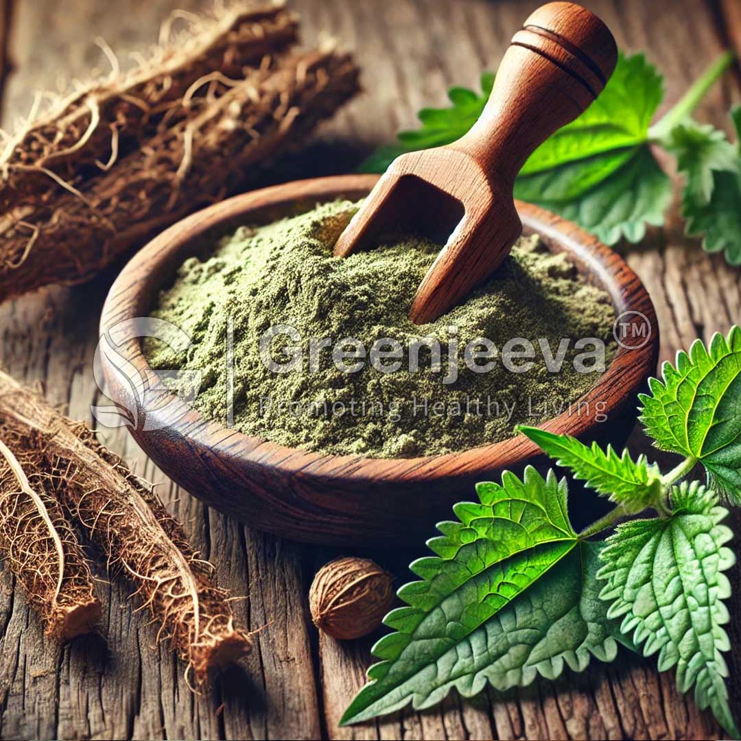 A wooden bowl filled with Nettle Root Extract Powder, surrounded by fresh nettle leaves and roots.