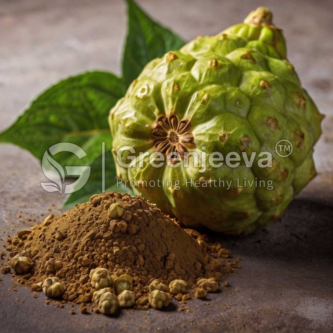 A Noni Fruit beside a mound of its powder and seeds on a textured surface, showcasing natural health products.