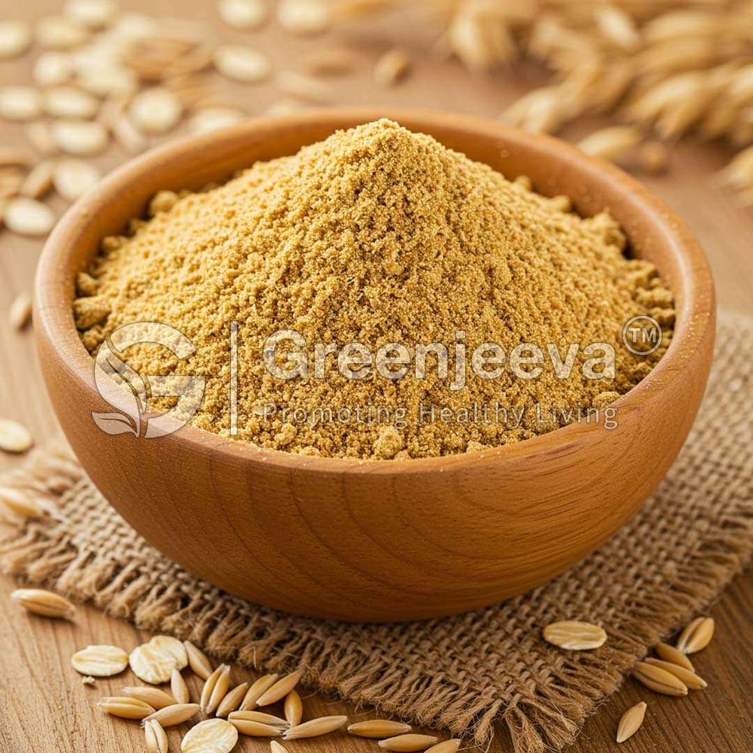 A wooden bowl filled with Oat Bran Powder, surrounded by scattered oats on a rustic background.