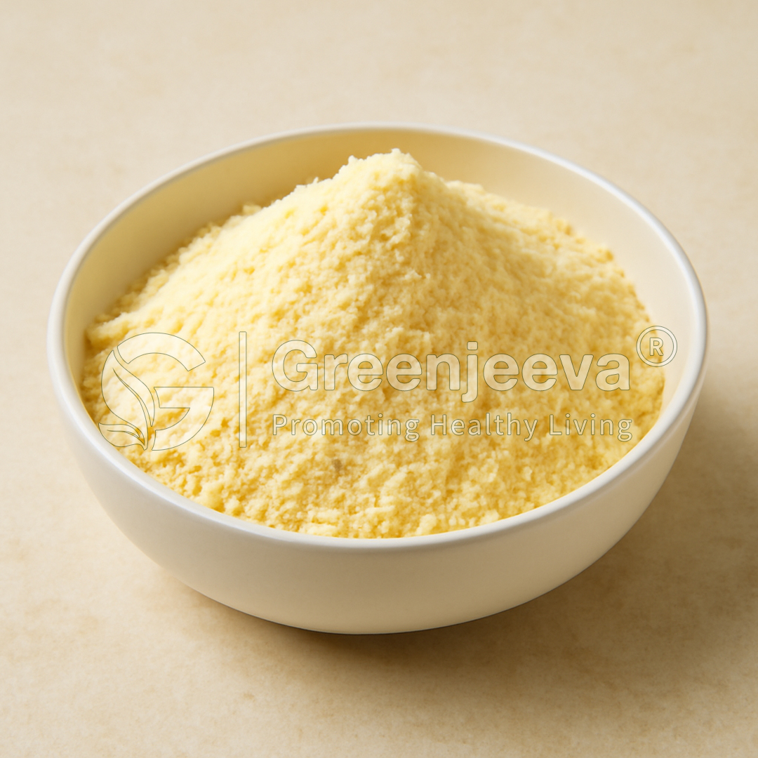 A white bowl filled with a mound of fine Omega 3 Fish Powder, suggesting a natural or health-related ingredient.