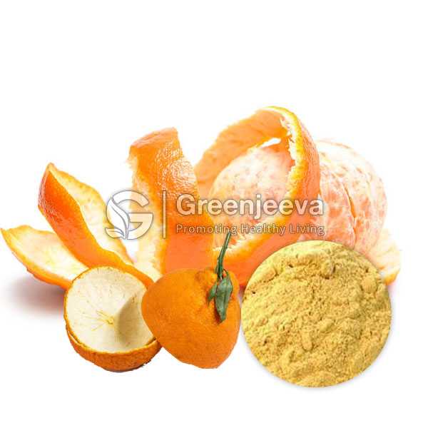 Fresh orange segments and peels beside a mound of orange peel powder, showcasing the fruit's vibrant color and health benefits.