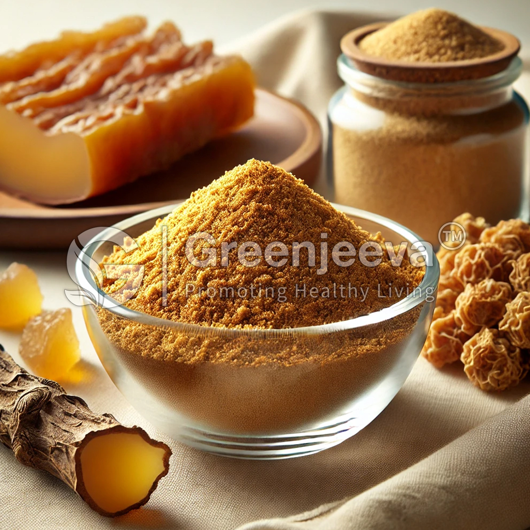 A glass bowl filled with Organic Acacia Gum powdered spice, surrounded by honeycomb, dried fruit, and cinnamon sticks on a soft fabric backdrop.