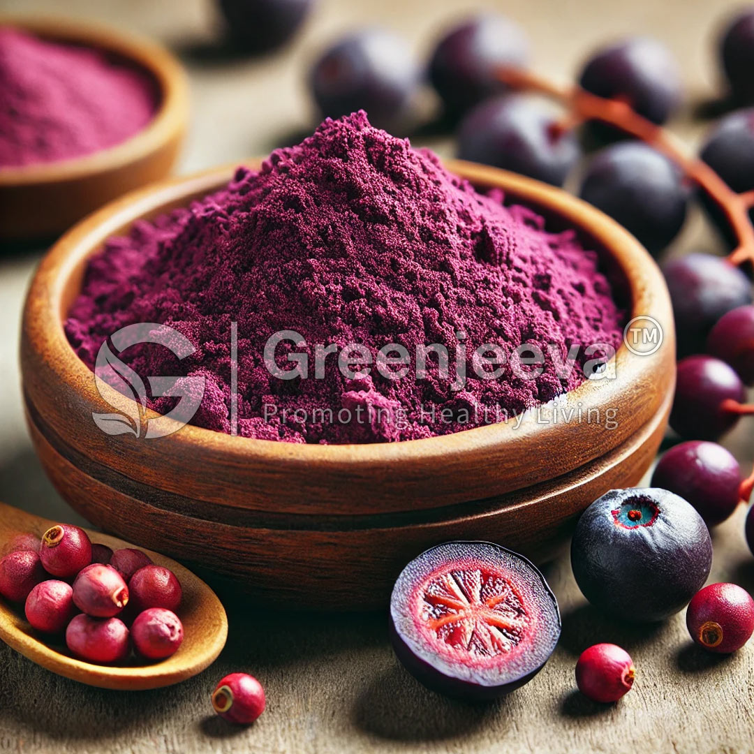 Organic Acai Berry Extract Powder 4-1 in a wooden bowl, surrounded by fresh berries on a textured surface, promoting healthy living.