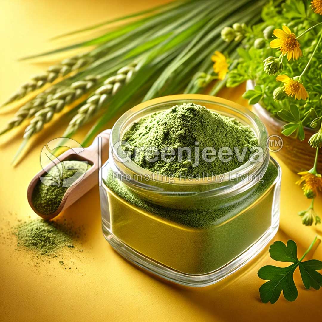 A glass jar filled with Organic Alfalfa Grass Juice Powder sits on a yellow background, surrounded by fresh herbs and botanical elements.