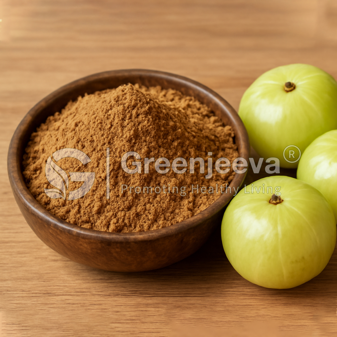 A wooden bowl filled with Organic Amla Extract Powder accompanied by three green amla fruits, on a wooden surface.