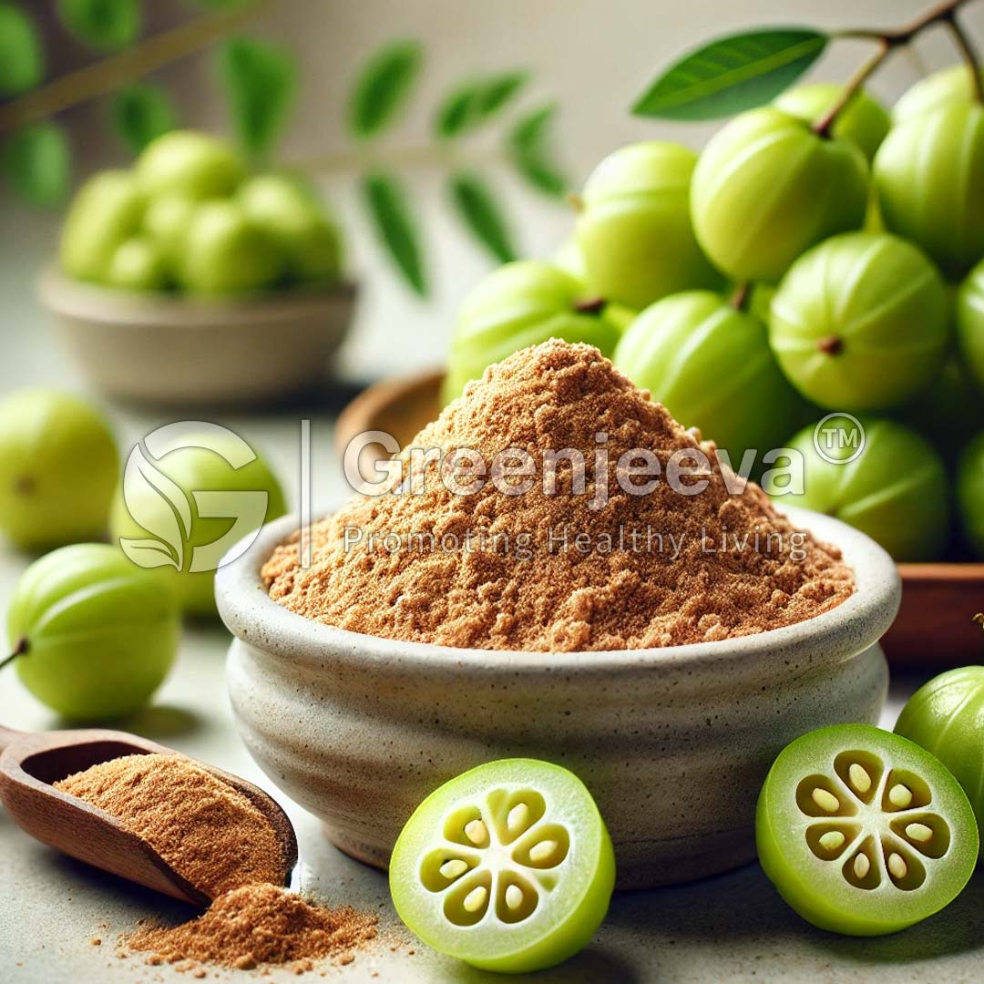 A bowl of Organic Amla Fruit Powder surrounded by fresh green amla fruits and a sliced fruit highlighting its seed pattern.